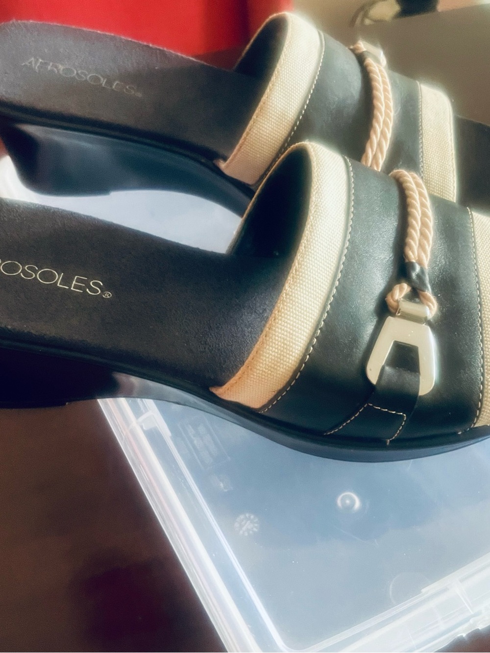 AEROSOLES Black and Beige Braided-Accent Slip-On Heels